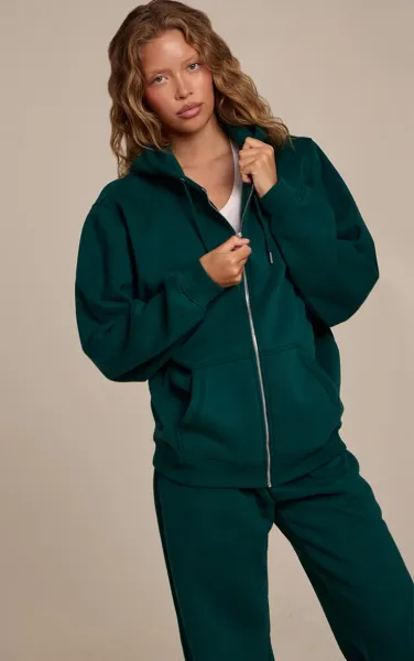 Pine Green Cotton Fleece Full Zip Hoodie