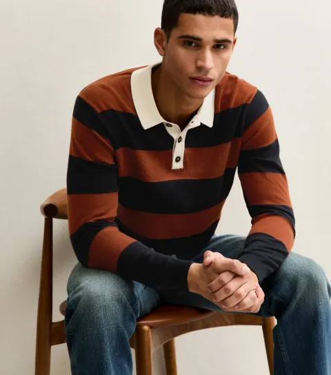 Orange Relaxed Striped Knit Polo Top