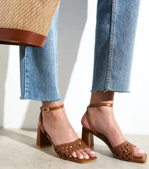 Tan Faux Leather Woven Strap Block Heel Sandals Vegan