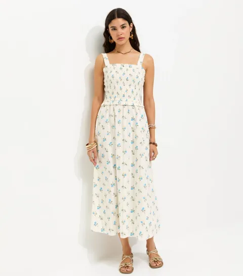 Cream Cotton Floral Print Shirred Tie Strap Midi Dress