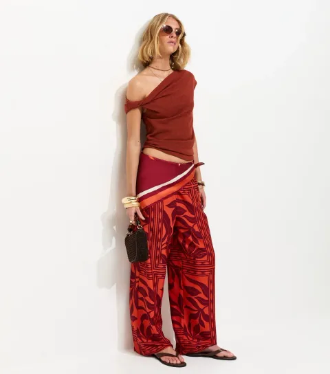 Red Palm Print Drawstring Wide Leg Trousers
