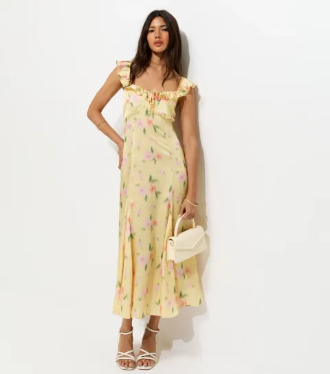 Yellow Floral Print Ruffle Trim Satin Midi Dress
