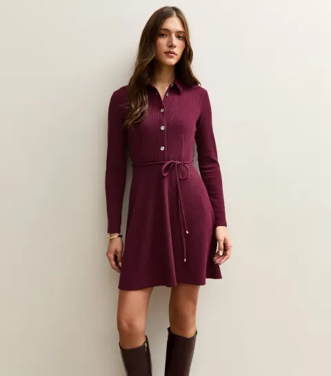 Dark Burgundy Button Through Collared Mini Dress