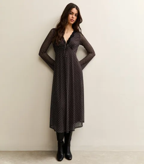 Burgundy Polka Dot Long Sleeve Lace Mesh Midi Dress