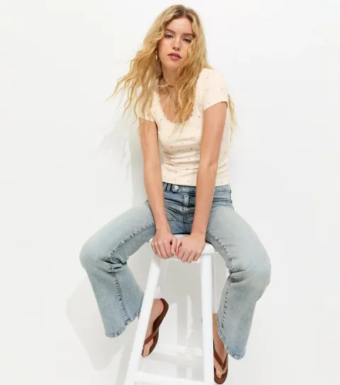 Cream Tulip Print Lace Trim Scoop T-Shirt