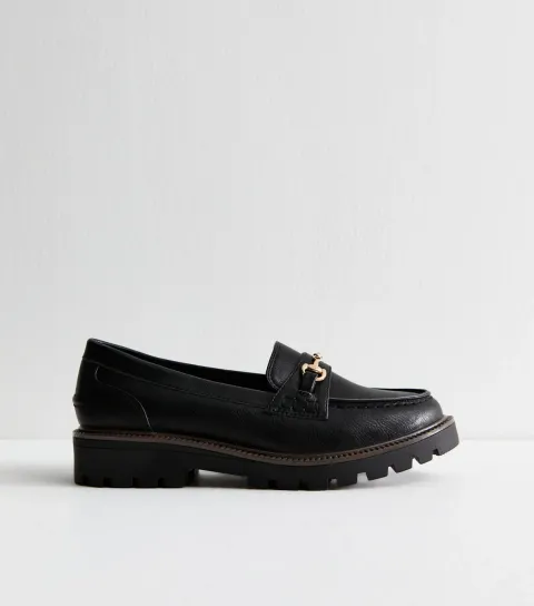 Black Faux Leather Buckle Detail Loafers Vegan
