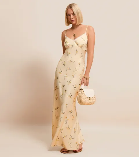 Yellow Daisy Print Lace Trimmed Satin Midi Dress