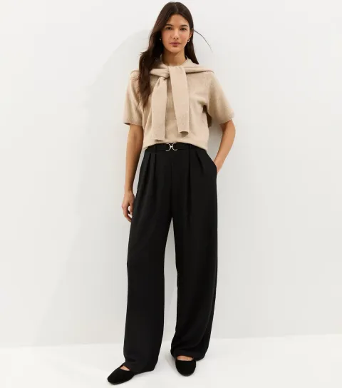 Black Belt Detail Pleated Crinkle Texture Wide Leg Trousers