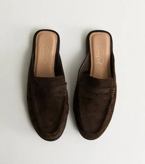 Mid Brown Faux Suede Open Back Mule Loafers Vegan