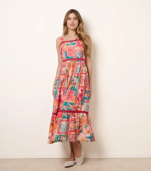 Orange Postcard Print Midi Dress