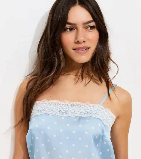 Petite Blue Satin Polka Dot Lace Trim Cami Top