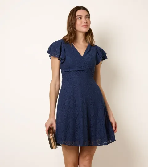 Navy Lace Flutter Sleeve Mini Dress