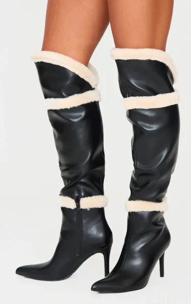 Black Pu Point Toe White Faux Fur High Stiletto Over The Knee Boots