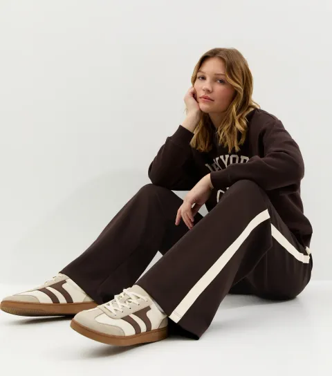 Premium Brown Side Stripe Wide Leg Joggers