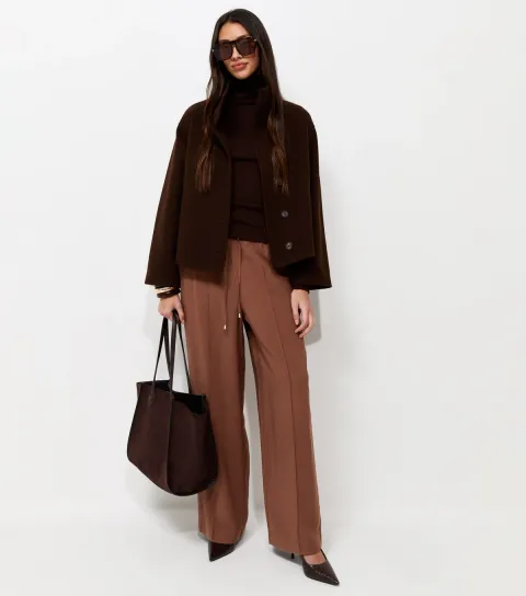 Dark Brown Drawstring Front Crease Wide Leg Trousers