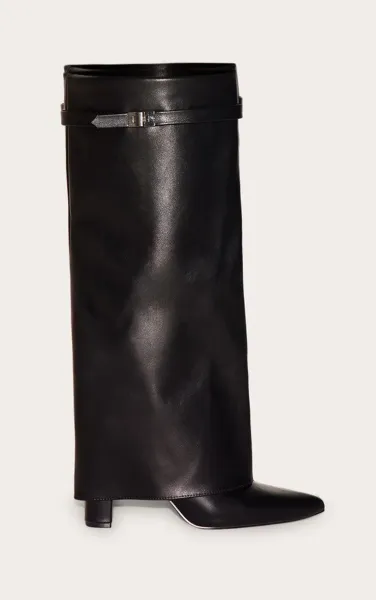 Black Matte PU Point Toe Fold Over Knee High Block Heeled Boots