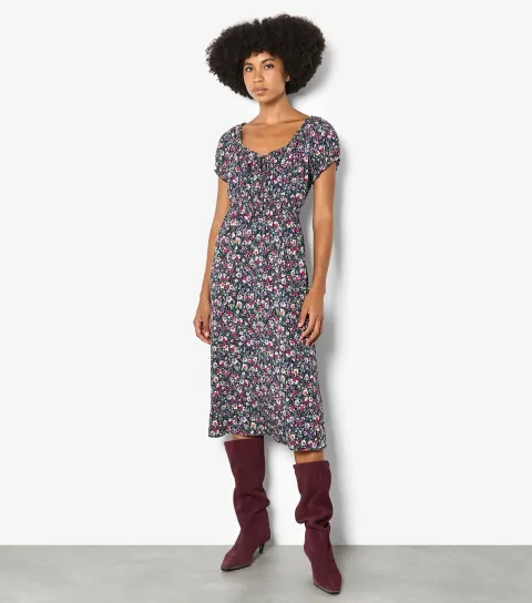 Purple Ditsy Floral Midi Dress