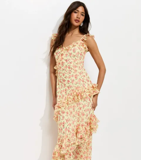 Yellow Chiffon Floral Ruffled Maxi Dress