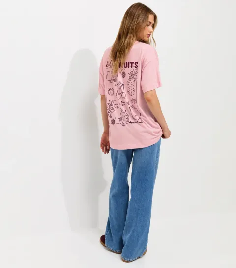 Light Pink Cotton Bol de Fruits Print Oversized T-Shirt