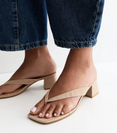 Light Brown Faux Suede Toe Post Block Heel Sandals Vegan