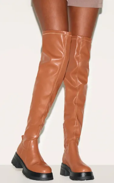 Brown PU Wide Fit Chunky Arched Sole Over The Knee Boots