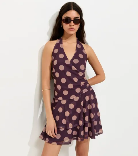 Burgundy Mesh Polka Dot Halterneck Mini Dress