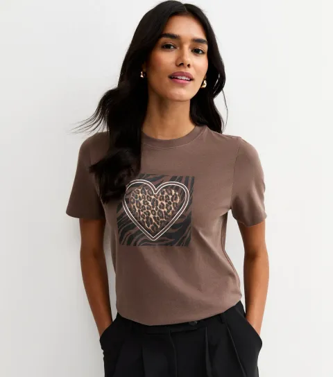 Brown Animal Heart Print T-Shirt