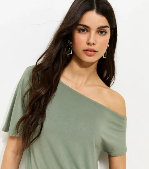 Khaki Jersey Off The Shoulder Top