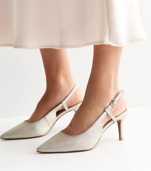 Wide Fit Silver Faux Leather Shimmer Slingback Court Shoes