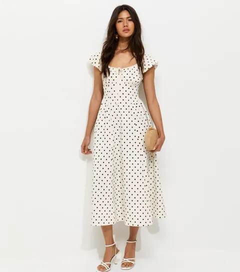 Cream Polka Dot Milkmaid Midi Dress