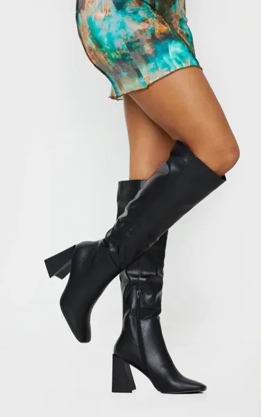 Black PU Flare Block Heel Square Toe Knee High Boots