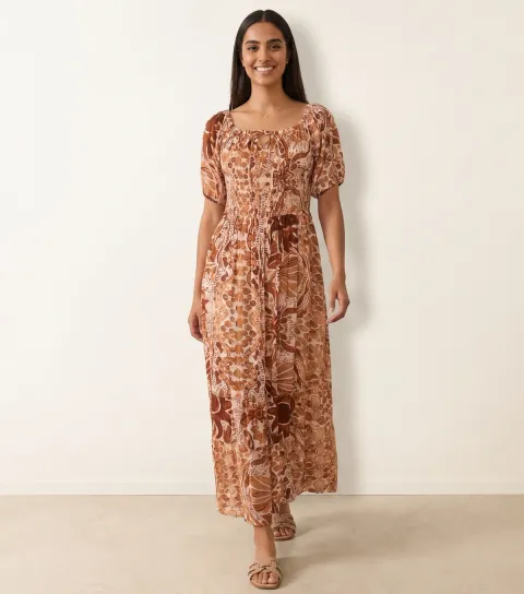 Brown Tie Front Shirred Midi Dress