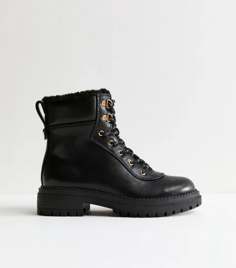 Black Faux Leather Lace Up Chunky Ankle Boots Vegan