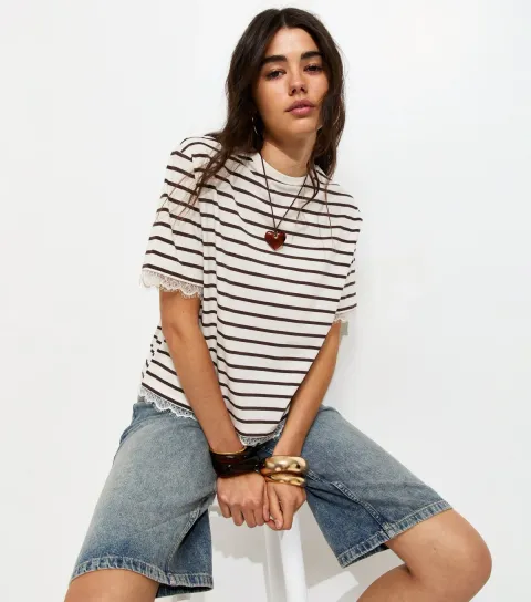 Brown Cotton Striped Lace Trim Boxy T-Shirt