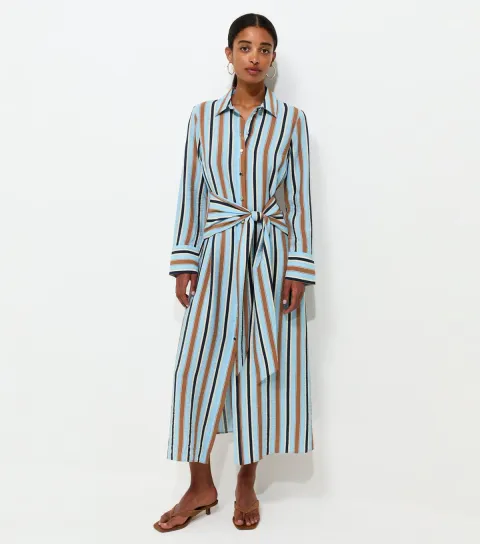 Blue Crinkle Texture Striped Long Sleeve Midi Shirt Dress