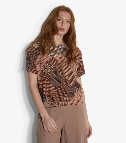 Brown Geometric Patchwork Print T-Shirt
