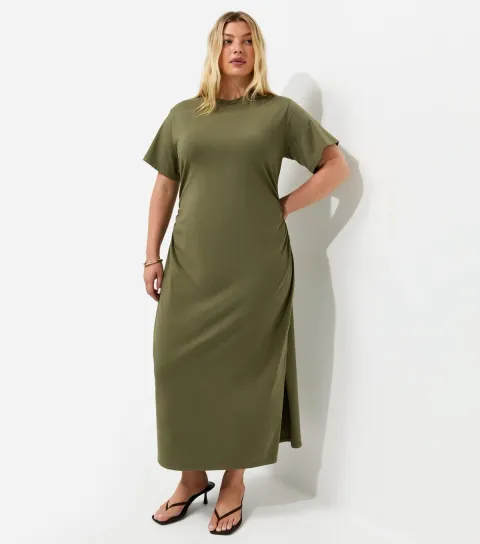 Plus Size Dark Khaki Cotton Rich Ruched T-Shirt Midi Dress Curves