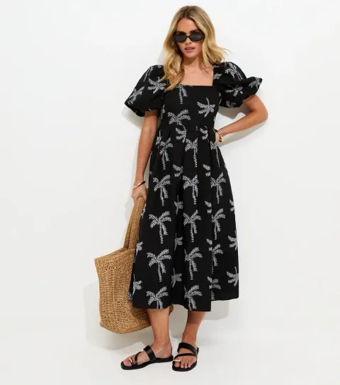 Petite Black Embroidered Palm Tree Puff Sleeve Midi Dress