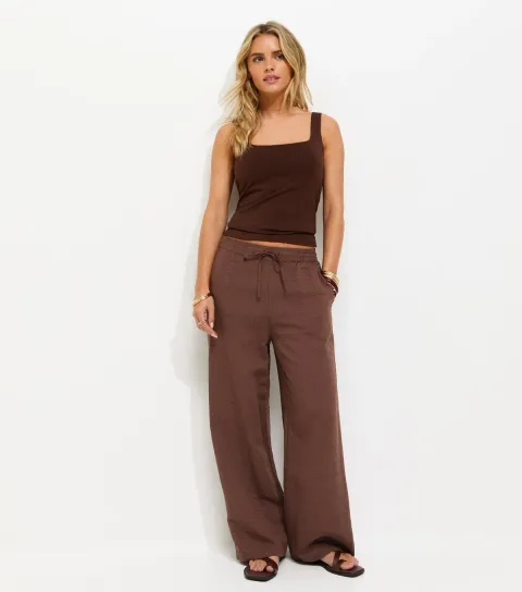 Petite Dark Brown Crinkled Striped Wide Leg Trousers