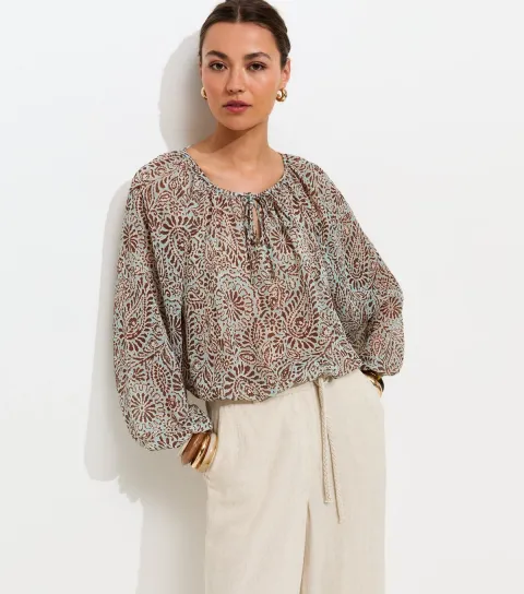 Green Paisley Print Long Sleeve Chiffon Blouse
