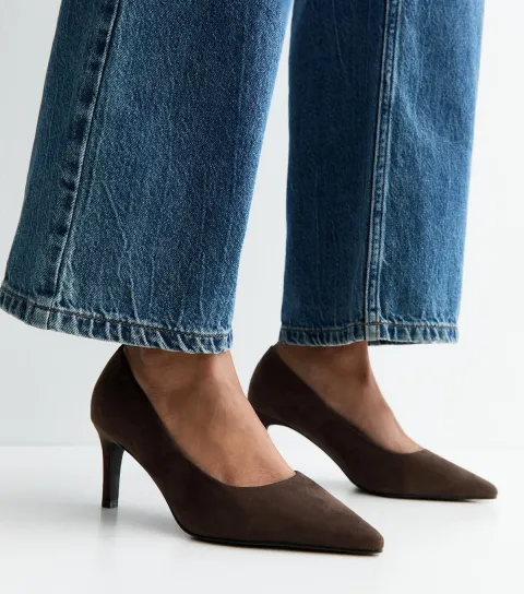 Wide Fit Dark Brown Faux Suede Court Shoes Vegan