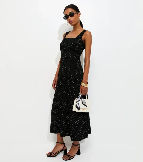 Black Crinkle Texture Polka Dot Print Square Neck Lace Trim Midi Dress