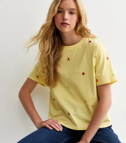 Yellow Cotton Boxy Embroidered Fruit T-Shirt