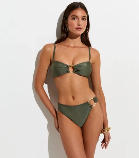 Dark Green Hammered Golden Ring Bandeau Bikini Top