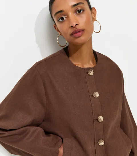 Dark Brown Linen Blend Button Through Bomber Jacket