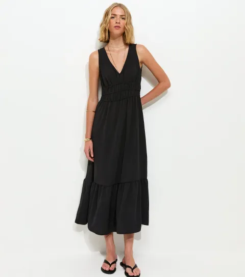 Black Ruched Waist V-Neck Midi Dress