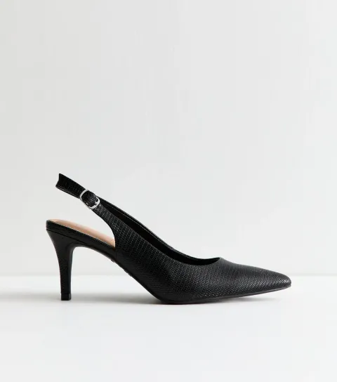 Black Snake Effect Leather Look Slingback Court Shoes Vegan