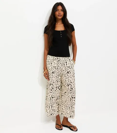 White Spot Print Cropped Wide Leg Trousers