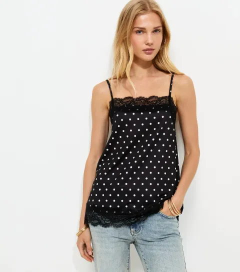 Black Polka Dot Lace Trim Cami Top