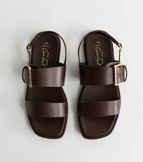 Wide Fit Brown Faux Leather Flat Slingback Sandals Vegan